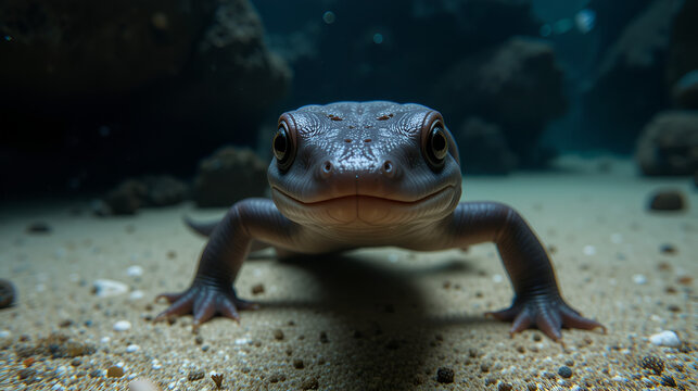 Close up of a hellbender salamander swimming underwater in a dark environment with sandy bottom view