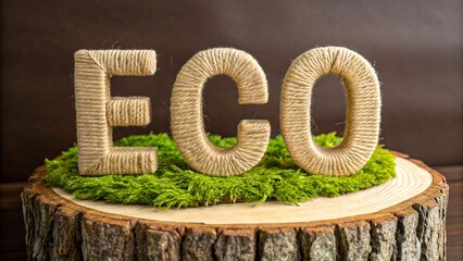 Eco letters on moss with natural wooden background concept