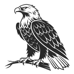Obraz premium A black and white vector logo of a bald eagle perched on a branch in an alert, powerful pose. Ideal for brand identity, sports teams, or blogs about leadership and patriotism.