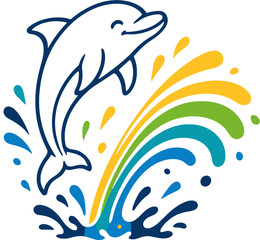 Dolphin Jumping with Rainbow Splash Cartoon Clipart