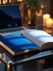 Cozy Evening Study Session
An open, blank book with a vibrant blue velvet cover and golden-edged pages sits on a reflective black glass table. In the softly lit background, a laptop is open, and a pai