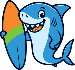 Naklejka premium Surfing Shark Cartoon with Rainbow Surfboard - Fun Ocean Animal Clipart