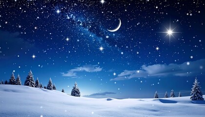 Winter night scene with crescent moon, starry sky, snow-covered hills and fir trees