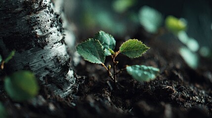 Birch bark with small fresh leaves