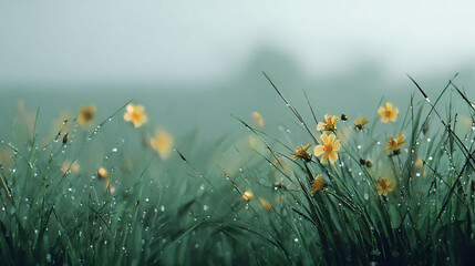 A serene field of yellow wildflowers and fresh green grass glistening with morning dewdrops in the mist.