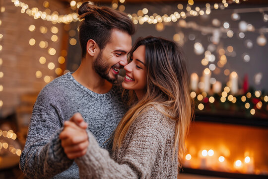 Man and woman dancing by the fireplace on New Year's Eve - Powered by Adobe