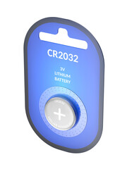 CR2032 lithium button cell battery in blister pack on transparent background