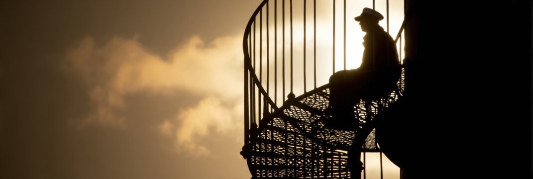 Man Sits in Silhouette on a Spiral Staircase of a Lighthouse During Golden Hour With Cloudy Skies