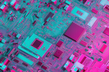 Neon pink and teal circuit board with sunset gradient overlays and CRT scan-line effect, vaporwave tech mood