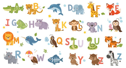Whimsical animal alphabet illustration with friendly cartoon characters for kids learning resources