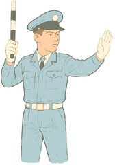 Traffic Police Illustration Giving Stop Signal with Baton