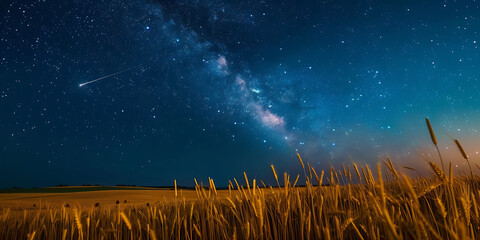 Golden wheat field under a vast starry night sky with a shooting star streaking across the Milky Way.