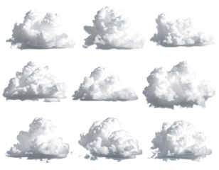 Twelve stylized cloud shapes in various forms