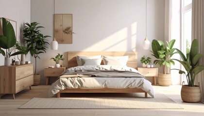 Serene Minimalist Bedroom Design:  Light Wood, Plants, and Natural Light