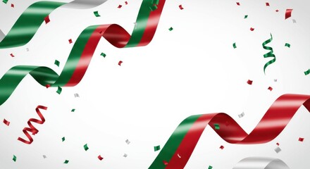 Festive background with ribbons in green, red, and white, along with confetti. Perfect for celebrations, holidays, or any special occasion. Copy space in the center.