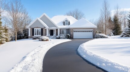 Obraz premium Snow-Covered Home in Winter with Clear Sky and Icy Driveway