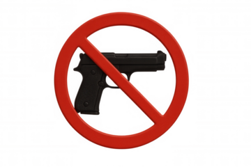 Gun control symbol featuring red prohibition sign blocking handgun, signaling disarmament and nonviolence against white transparent backdrop