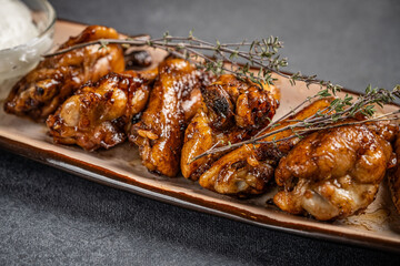 Spicy grilled chicken wings with fresh thyme and dip