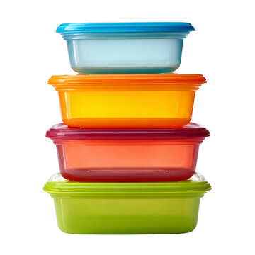 A stack of four plastic containers in different colors