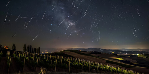 Breathtaking night sky filled with a meteor shower over rolling hills and vineyards.