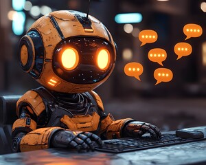 Chatbot Assistant: A friendly, orange Chatbot attentively types at a keyboard, surrounded by digital speech bubbles, symbolizing seamless communication and innovative assistance.