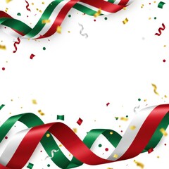 Festive background with flowing ribbons in the colors of the italian flag and falling confetti, creating a celebratory atmosphere for national holidays and events.