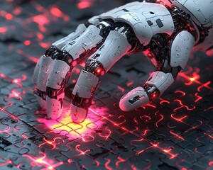 Robotic Hand on Puzzle: A futuristic robotic hand interacts with a puzzle, illuminated by vibrant, pulsating neon light, symbolizing innovation and advanced technology.