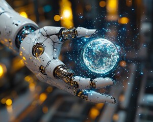 Robotic Hand Holding Orb of Energy: A futuristic robotic hand delicately cradles a glowing sphere of energy, set against a backdrop of advanced technology.