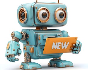 Robot Holding NEW Sign: A charming robot, designed with intricate steampunk-inspired details, holds up a sign displaying the word NEW.