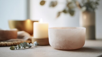 Serene candlelit setting with soft pink salt bowl and eucalyptus