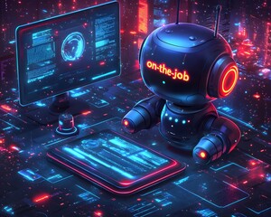 Futuristic Robot at Work: A sleek, advanced robot, with on-the-job displayed, immersed in a high-tech workspace, analyzing data on a monitor and a tablet in a vibrant, futuristic setting.