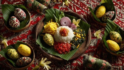 Fototapeta premium A vibrant display of traditional Indonesian food, served on woven banana leaves and a patterned tablecloth.