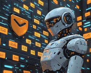Cyber Guardian's Vigil: A futuristic, detailed robotic figure stands guard before a digital display adorned with email symbols and a security shield.