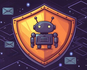 Digital Guardian: A shield emblem featuring a friendly robot sentinel, guarding digital correspondence and information with vigilant protection.