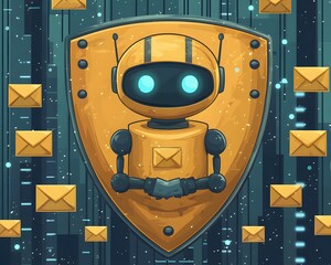 Secure Mail Robot: A digital robot, the guardian of emails, is showcased, symbolizing protection against cyber threats, safeguarding valuable information within a high-tech setting. 