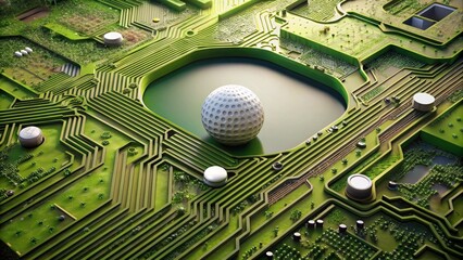 A Futuristic Green Circuit Board Landscape Featuring a Central Golf Ball in a Serene Pool