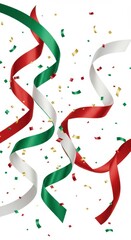 Festive ribbons in green, red, and white cascade with confetti, creating a celebratory and colorful display suitable for various occasions and designs.