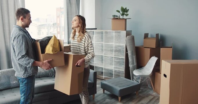 Unpacking boxes in a cozy living room filled with pets and a warm, inviting atmosphere