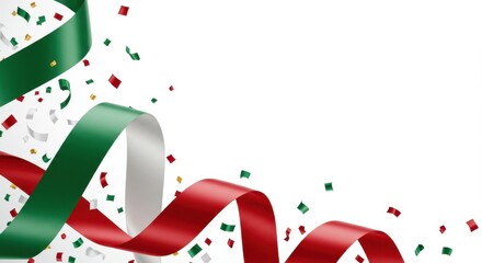 Festive design featuring flowing red, green, and white ribbons with scattered confetti, ideal for celebrations, holidays, or national events with an italian theme.