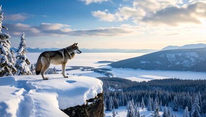 Majestic Wolf in Winter Wonderland: A Snowy Mountaintop Vista