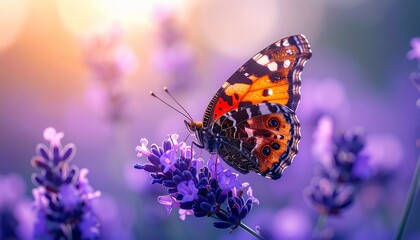 Painted Lady Butterfly on Lavender at Sunset