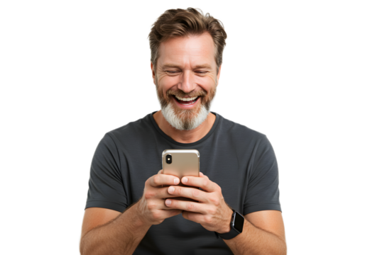 Smiling man with beard looking at his smartphone and laughing