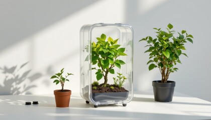 a portable tree nursery kit infused with smart sensors, styled with translucent eco polymer design, displayed on clean white with minimal shadow.