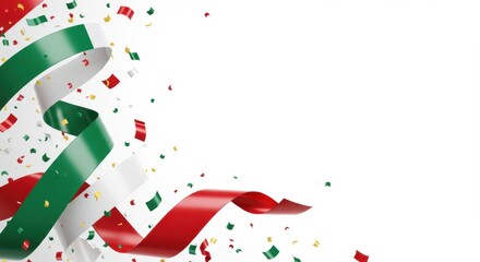 Festive design featuring ribbons in red, white, and green alongside confetti. Ideal for celebrations, holidays, or national events with a clean, white background.
