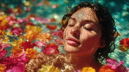 a woman floating in a pool of flowers, with eyes closed. She is surrounded by colorful flower petals