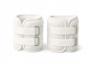 White adjustable ankle weights designed for targeted resistance training, featuring a soft, comfortable design for improving muscle strength and endurance.