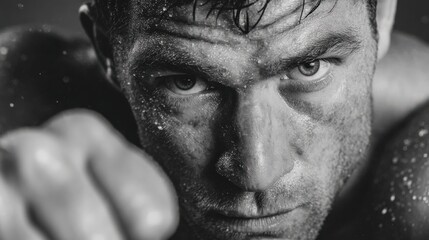 a determined boxer's intense gaze and clenched fist