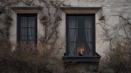 Eerie candlelit old window with creeping vines and perched crows on a cloudy day