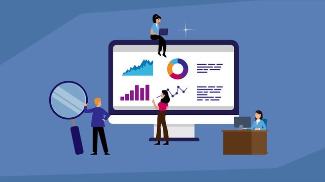 A team of business professionals analyzing data and charts on a large computer screen, symbolizing data analysis, business intelligence, and teamwork cartoon animation - Powered by Adobe