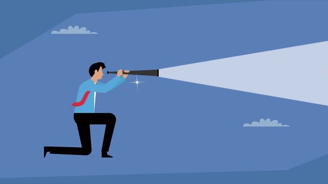 A businessman looking through a telescope to find business goals and solutions, symbolizing strategic vision, future planning, and business foresight cartoon animation